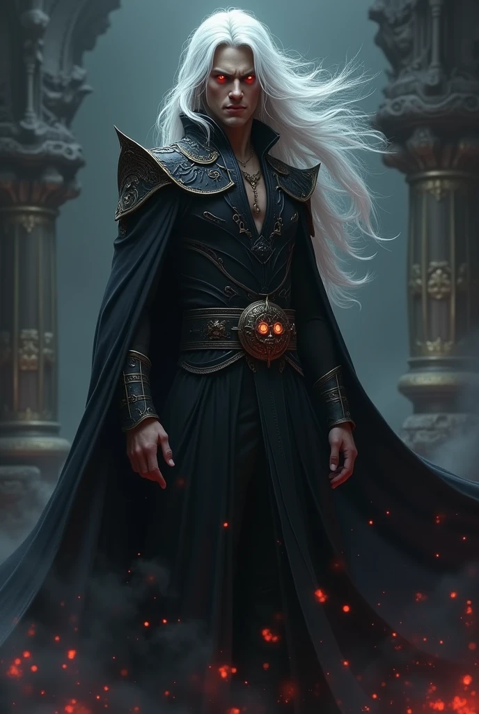 Red eyes, white hair, can use all kinds of magic, dresses in black, male