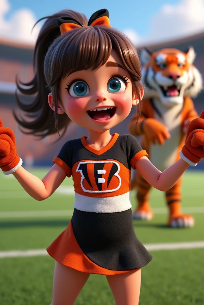 Bengals cheerleader child
Chunky
Brown hair, medium length in ponytail, bangs,
blue eyes
football field
Black & orange one piece outfit with Bengals logo black shoes no socks
hair bow
With tiger mascot
Smiling with teeth