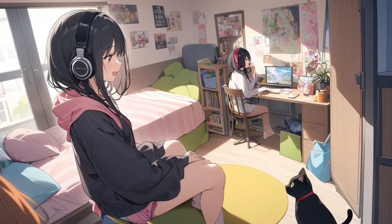 A woman with black hair and cute clothes having fun talking to a black cat in her room,Streetscape、Listening to music with headphones、Japanese