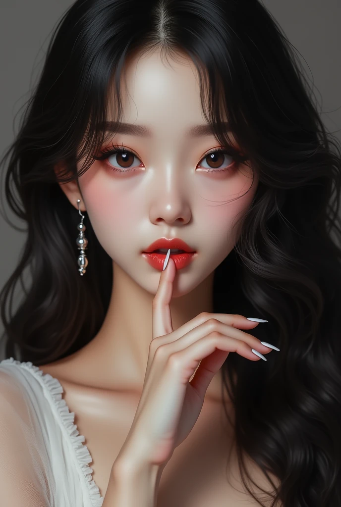Japan woman about 30 years old。Black hair, slightly brownish hair, chest length, slightly wavy。Eyelashes longer、A size that makes your eyes stand out。The eye makeup is glossy and sexy.。Sharp contours、Her skin is white and she has a mole around her eye.。Whiter teeth、Red lips suit her、A high-angled mouth and a smile look good on you。She is about 170cm tall and a little thin, but her bust is 88cm.、Great figure with a waist of 56cm。Dangling earrings and elegant nail designs。If your fingers are flexible and placed near your mouth, it will give you a seductive look.。
Even though I was embarrassed when I looked back、Her shy smile gives off a mysterious charm that suggests she grew up in the countryside, even though she is a strong city dweller.