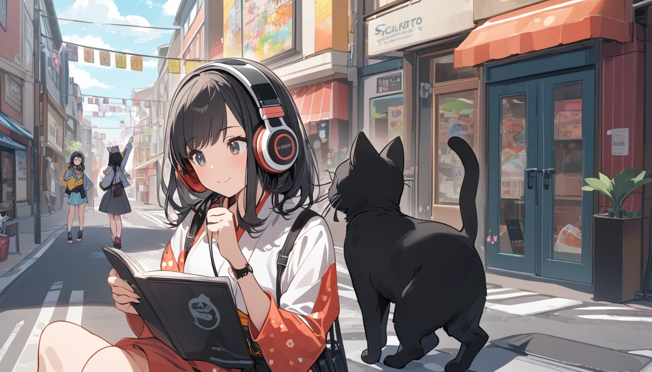 A woman with black hair and cute clothes having fun talking to a black cat,Streetscape、Listening to music with headphones、Japanese