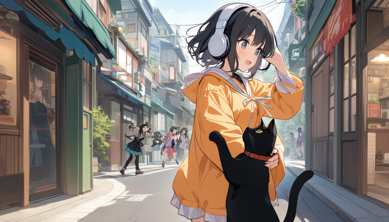 A woman with black hair and cute clothes having fun talking to a black cat,Streetscape、Listening to music with headphones、Japanese