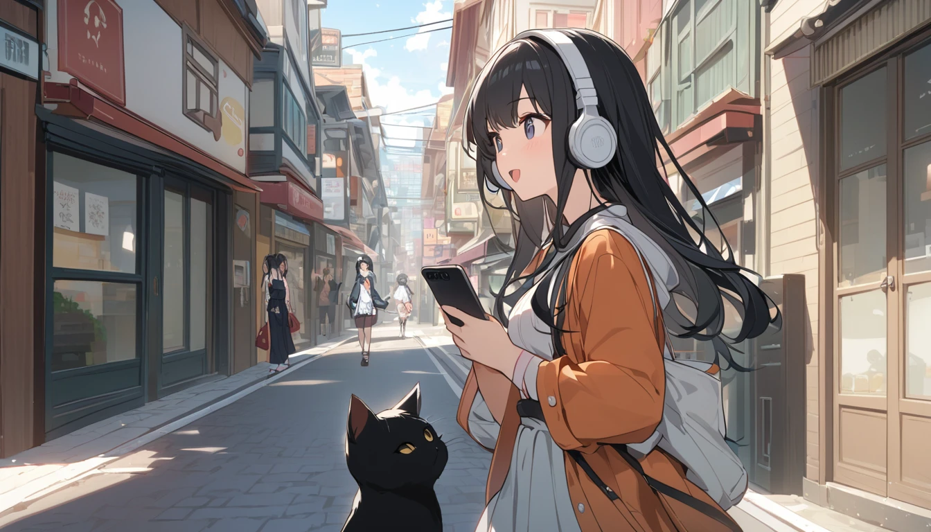 A woman with black hair and cute clothes having fun talking to a black cat,Streetscape、Listening to music with headphones、Japanese