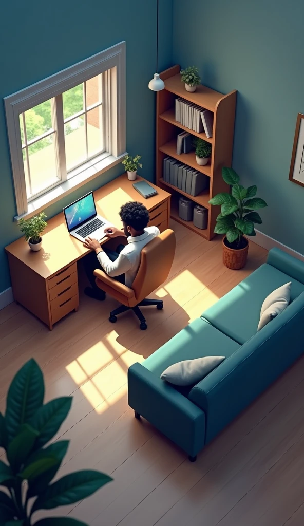 Office with laptop on table facing window, very comfortable armchair with wheels and a very comfortable divan behind with a black man with short curly hair sitting in the chair using a laptop