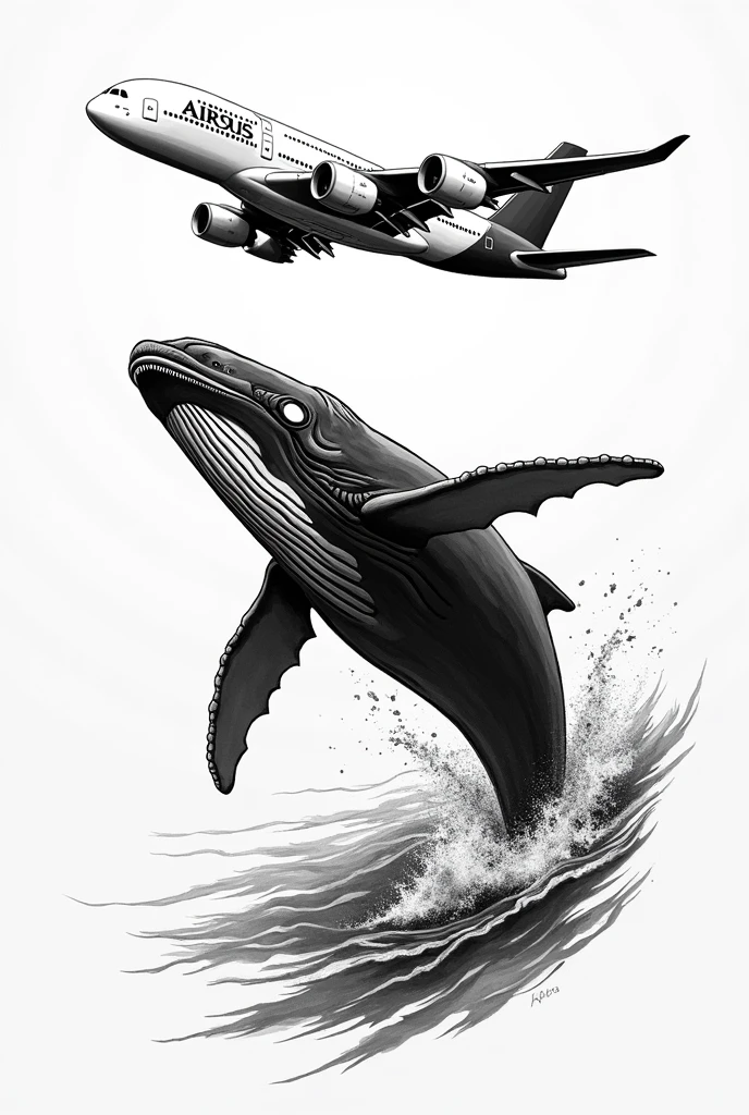 Create a black and white arm tattoo of a HUMPBACK whale swimming and looking at a twin-engine Airbus a380 flying over the sea.