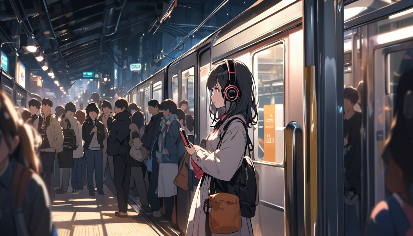 A woman with black hair and cute clothes standing on a crowded train,Streetscape、Listening to music with headphones、Japanese