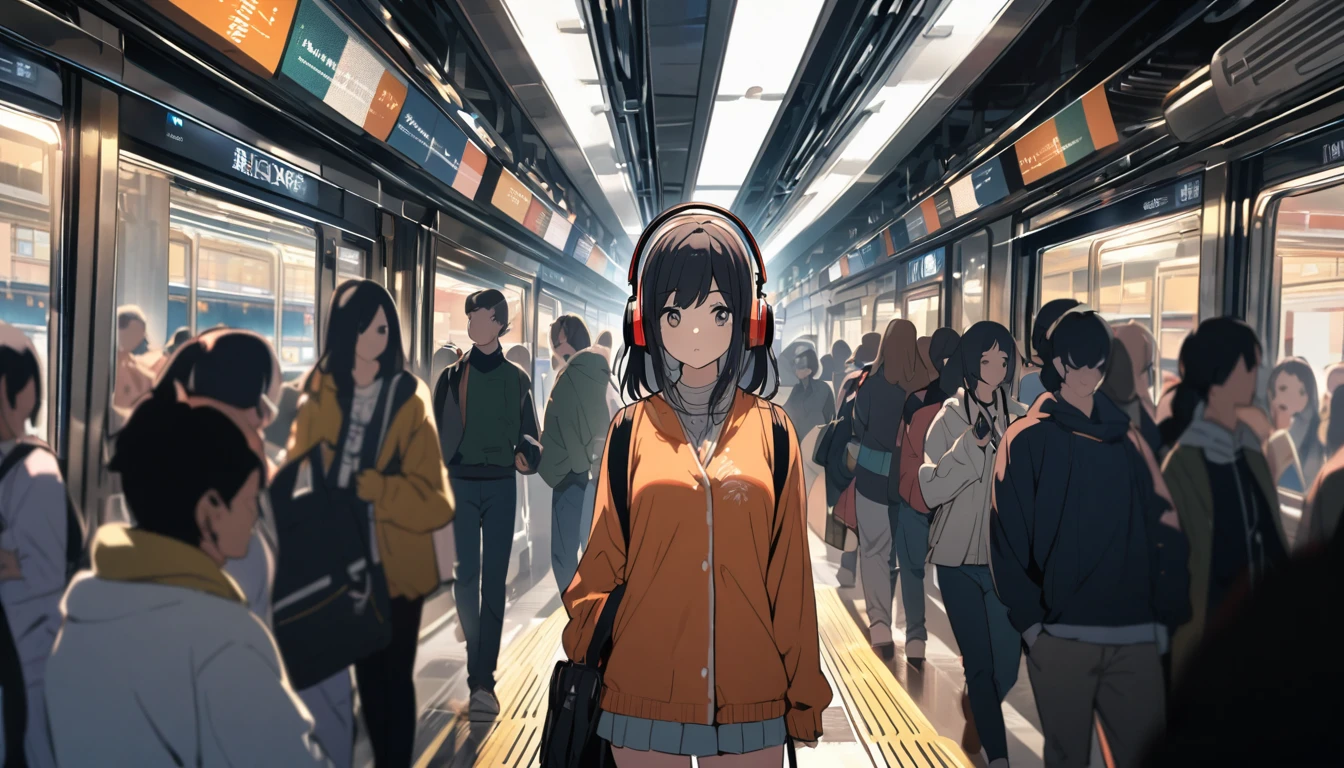 A woman with black hair and cute clothes standing on a crowded train,Streetscape、Listening to music with headphones、Japanese