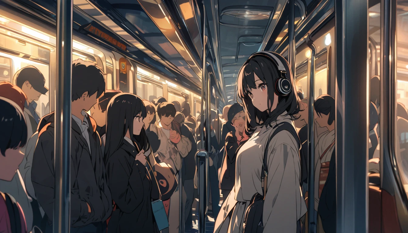 A woman with black hair and cute clothes standing on a crowded train,Streetscape、Listening to music with headphones、Japanese