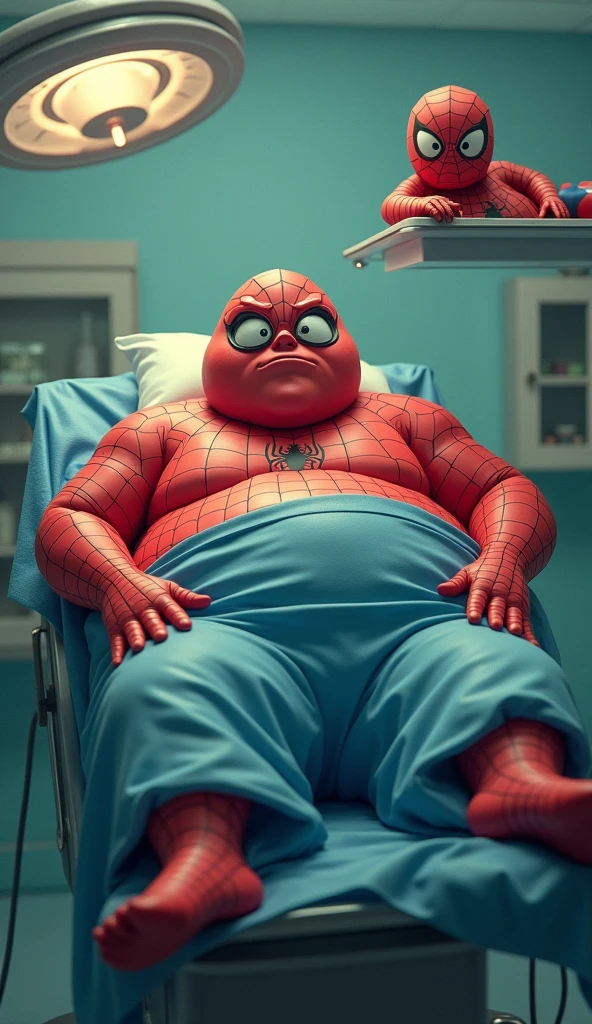 This image humorously depicts a scene in an operating room in which a fat Spiderman is undergoing surgery. The patient, the fat Spiderman, who is quite chubby and spaced out on the operating table, has a worried look, and his big, sad eyes are overflowing with tears. Next to him on a tray is a smaller, similar-looking Spiderman, as if he has been separated from the larger Spiderman. The scene is whimsical and surreal, based on SP's idea of his own little world, in which the image is born a mixture of love and betuki.