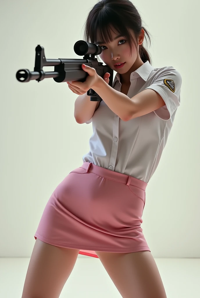 real person realistic beautiful  japanese flight stewardess pink mini skirt standing stance legs open wide spreading full portrait holding rifle gun pointing at you front facing aiming at you shooting range sexy legs
