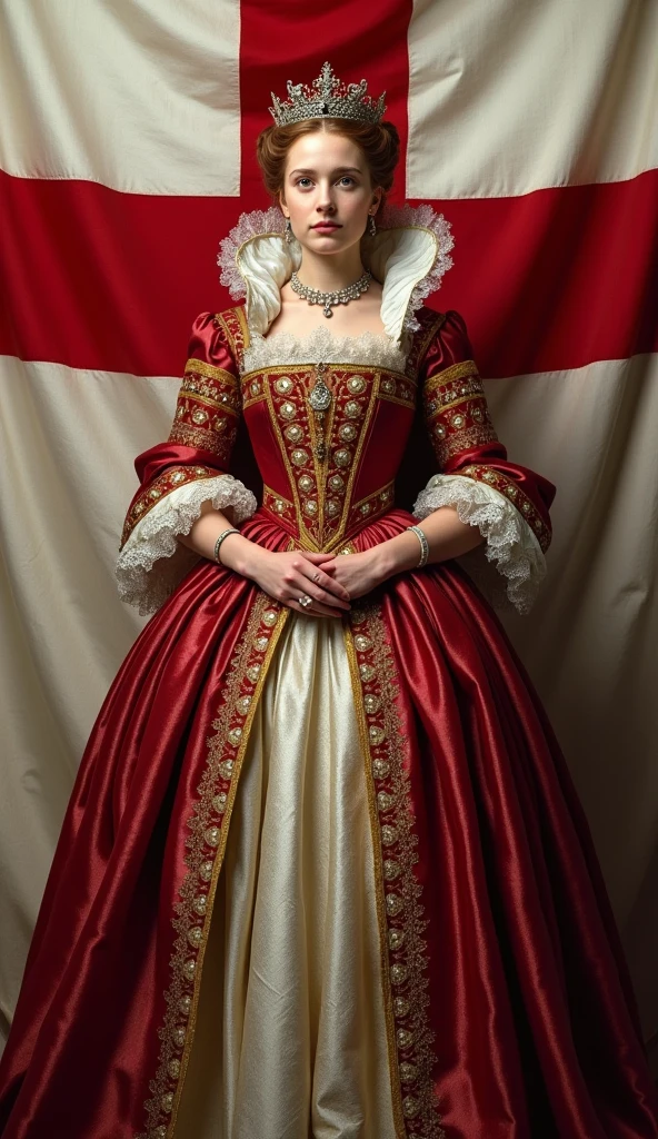 The young and beautiful Queen Elizabeth I, whole body, England flag background