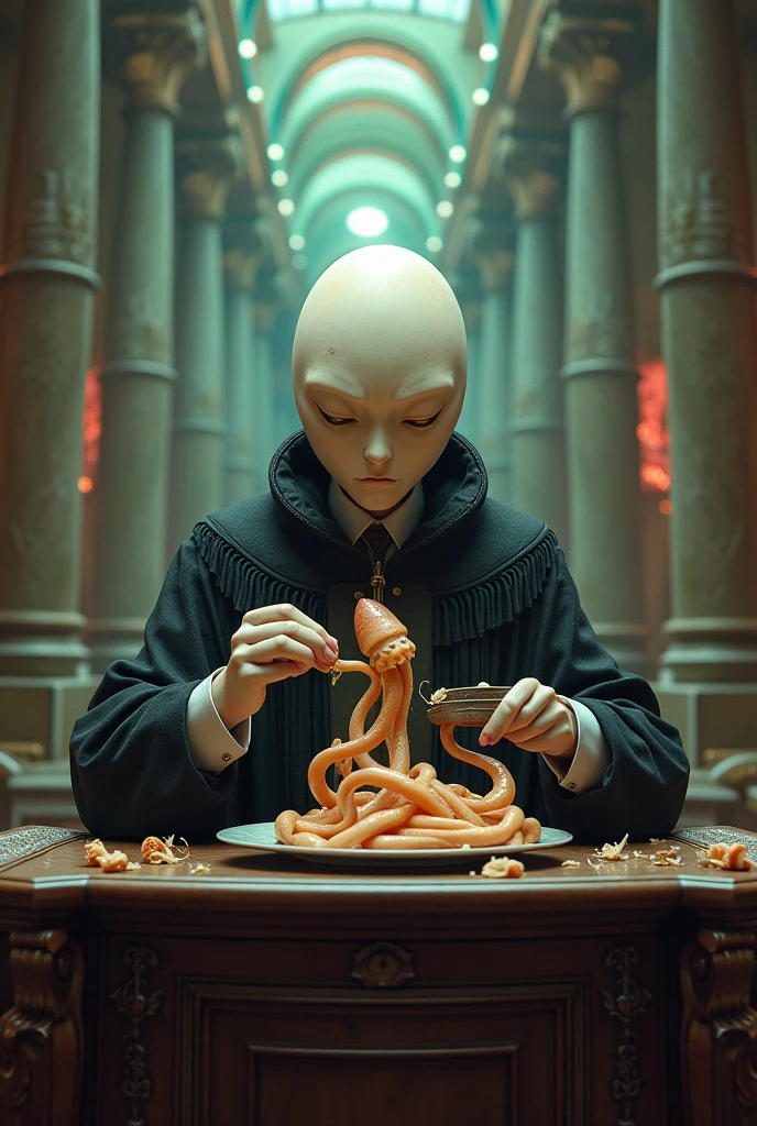 Create a forum for an egg-headed judge eating a squid