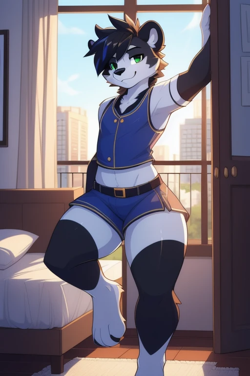 panda, mascle, femboy, female body, Fine body, feminine appearance, thick-thighs, big-ass , Femboy style clothing , black hair ((dyed hair)) , white body, greeneyes, penthouse apartment , cozily , Detailed lighting, detailed shading, work of art , aroused face , flushed , smitten , body detailed , (by Kilinah, de Coffeesoda, by hioshiru, by Kilinah), Full body camera , from front view, stretch