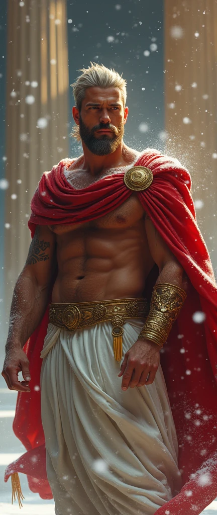 ((artwork)) ((body completo)) ((Full body inside the image)) ((30 year old man)) body: brownish skin, high, muscular, ((body hair)) ((platinum ruby hair)) male face, barbarian, pretty eyes, detailed eyes ((gold eyes)). Expression: seductive, sonrisa seductive. CLOTHES: Red Greek Cape, TOGA BLANCA, gold ornaments, greek prince ornaments. pose: dynamic. scene: greek temple, Greek columns. Decor: winter, Decor de winter brillante, wonderful lighting.