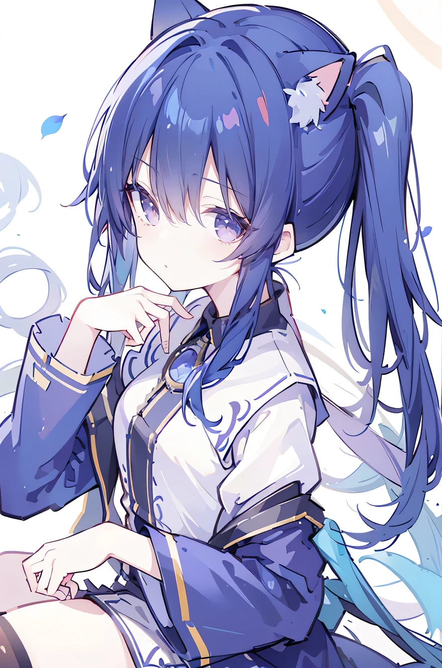 (Upper body close-up)，Ultra-detailed，lifelike，The eyes are expressive，Fair skin，Perfect face shape，1 girl，Japanese Manga，Gorgeous blue hair，Flowing blue hair，Flowing clothes，Cat ears，Petals falling，Shy face，sitting on window，Place your hand on your lips,masterpiece, absurdres, novel cover, cover illustration, 1girl, solo, dark blue-haired ponytail, mage robes, flower background, clock background, monochrome, line drawing