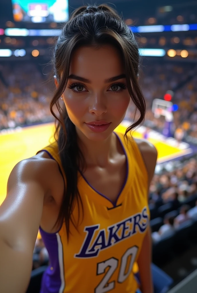 (masterpiece,highest quality,超A high resolution),Italian brunette Bellucci woman, (((Very beautiful 2 girl))), pretty gir、 ((beautiful low ponytail)), super cute face, glossy lips, double eyelids in both eyes, kiss、 natural makeup, long eyelashes, Shiny and smooth hair、center image, perfect limbs, perfect anatomy,(((basketball Lakers uniform)))、,(wet with sweat),full body, she takes selfie, in reel stadium of lakers basketball in back, she are in tribune