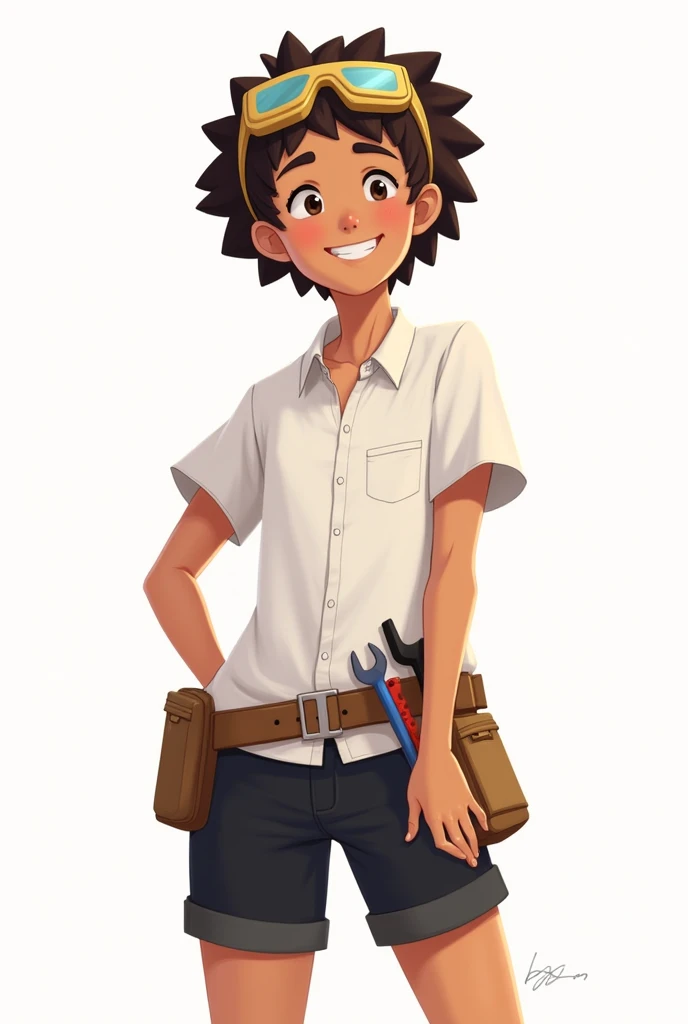 *facial features*
Head=long
Eye=upturned
Color=light brown skin
Nose=straight
Mouth=smiling

*hair*
Curly and short

Skin tone( light brown) 

Less muscles

*outfit*
A white shirt with 1button off on top. 
Black half pants till knees. 
A (Minecraft create wrench) and a multimeter in waist. 

*pose*
Standing with left hand on waist and flipping a cookie with right hand. 

*back ground*
White
And has a Minecraft create:engineer goggles in his head (above eyes) 