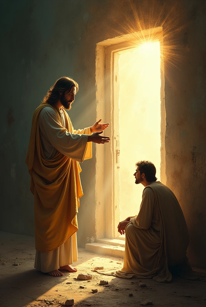 Jesus Christ extending His hand to an unemployed person, with a beam of celestial light illuminating a door of opportunities.