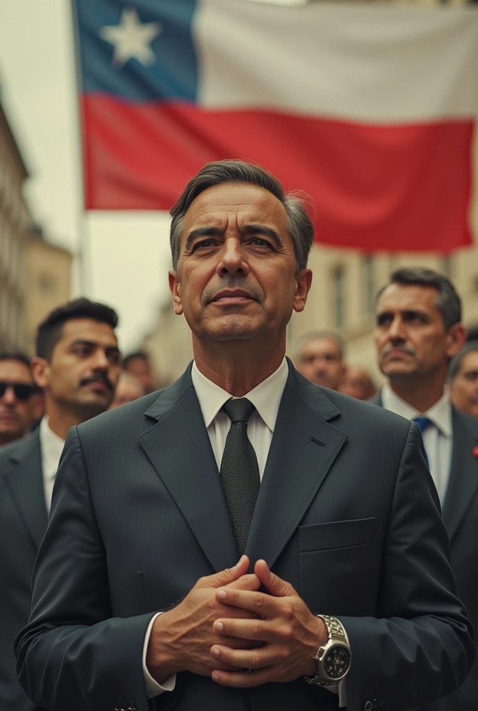 Generates a realistic image of a propagandistic type that invites people to vote for a new mayor, Inspired by Nazi Germany. It features Chilean councillor Agustin Iglesias