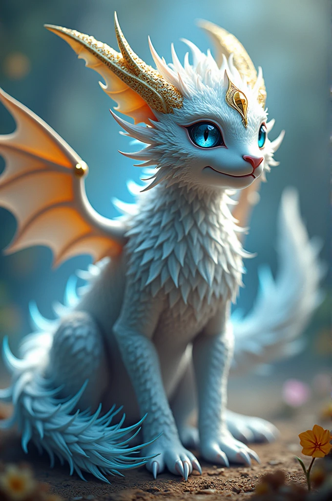 Luckrio has an elegant and fierce look, with draconic features like sharp claws and a tail. Its fur is a shimmering silver with golden accents, representing its Fairy typing, while its eyes are a deep, glowing blue, indicating its Dragon heritage. Its aura sensors are longer and more refined, resembling the wings of a dragon, and it carries a faint, glowing aura around its body.