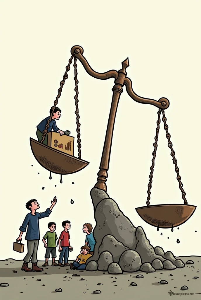 Cartoon drawing of a scale of justice tipped to one side, with people who are obviously suffering under the weight of the scale, representing the injustice and consequences of non-compliance with IHL.