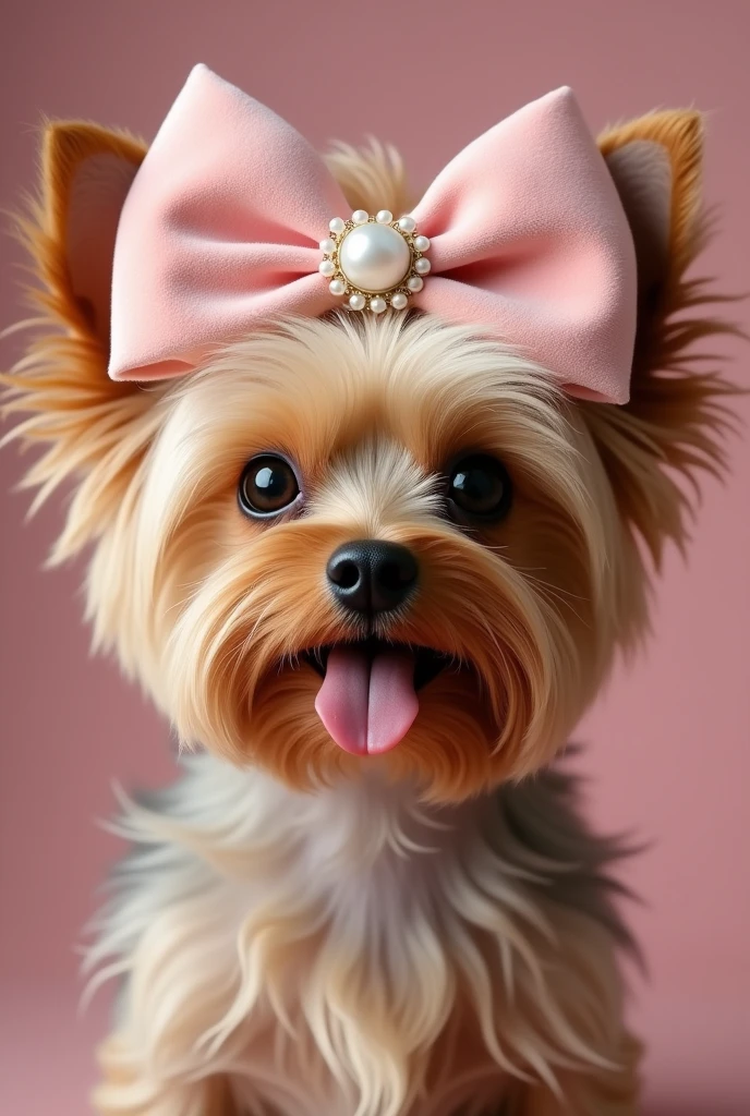 Female Yorkshire round face brown coat with tongue out, and large velvet bow with two ends crossed at the top in light pink with a pearl brooch in the middle of the bow