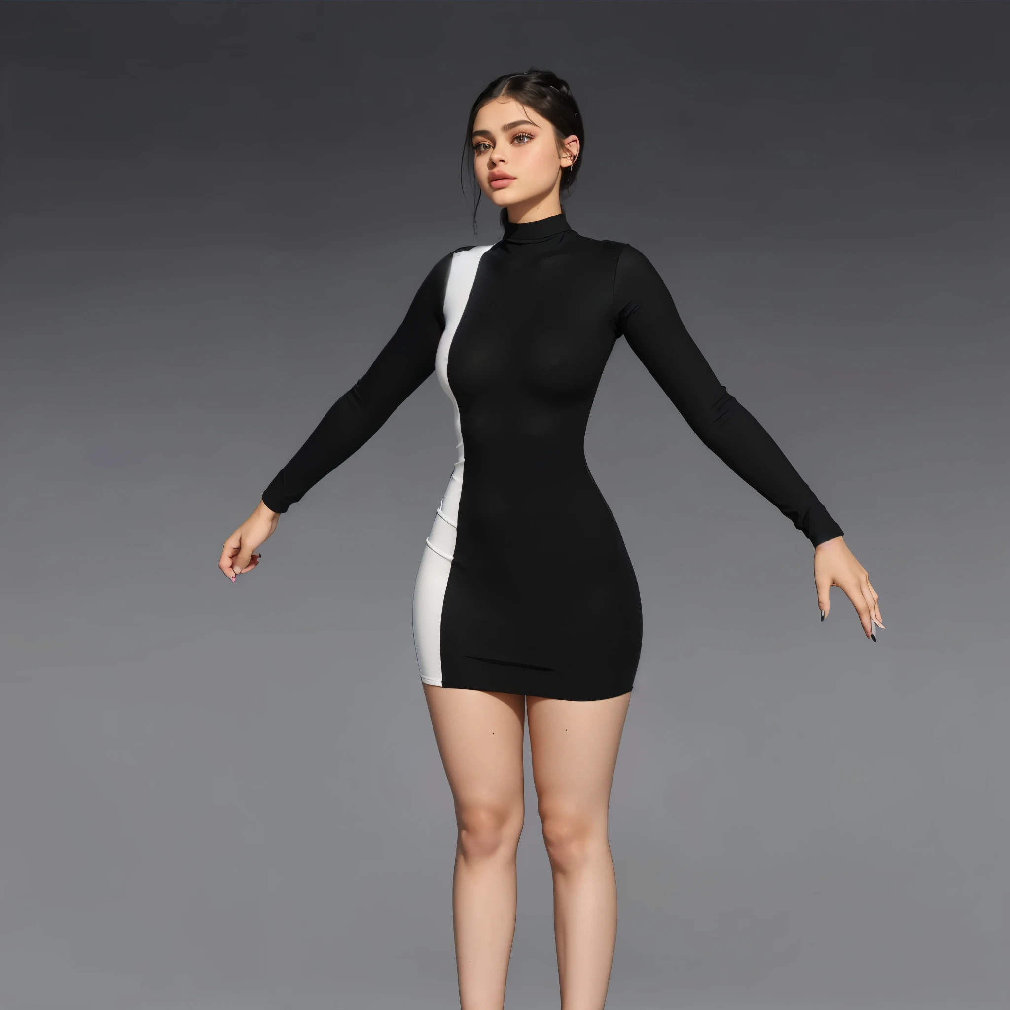 ((Beautiful  girl, Odeya Rush, KIKI Layne, Kylie Jenner, maitreyi ramakrishnan), ), Wearing tight white and black cotton-Lycra-fabric long sleeve mini dress, round breasts, slim waist, big hips, beautiful soft thighs, (HDR, 8K, vivid, vibrant, detailed: 1.4), (hyper realistic, movie graphics)