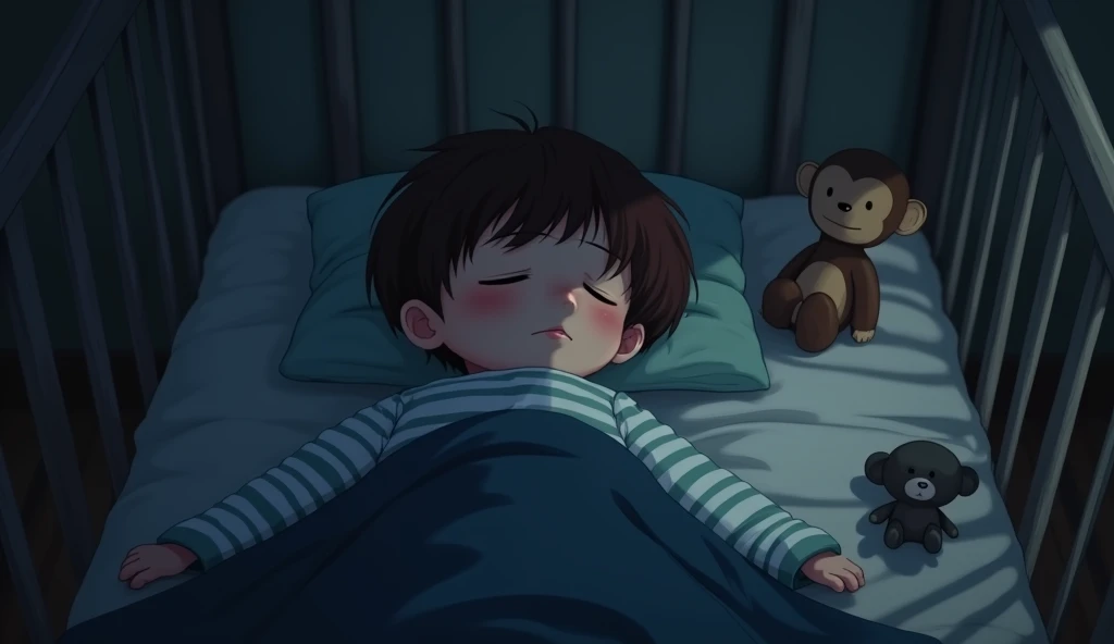 A young boy is peacefully sleeping in his crib, surrounded by shadows in a dimly lit room. The boy has short, dark brown hair with a hint of reddish tint and a serene expression on his face. He is wearing a light blue and white striped pajama set, with one hand resting on a dark blue blanket that covers him up to his chest. Beside him on the left is a small, worn-out monkey doll with a simple design, with minimalistic features. The light source appears to be coming from above, casting soft shadows around the room. To the left, partially visible, are other stuffed animals, their features obscured by shadows, adding an eerie atmosphere to the scene. Cinematic muted colors.