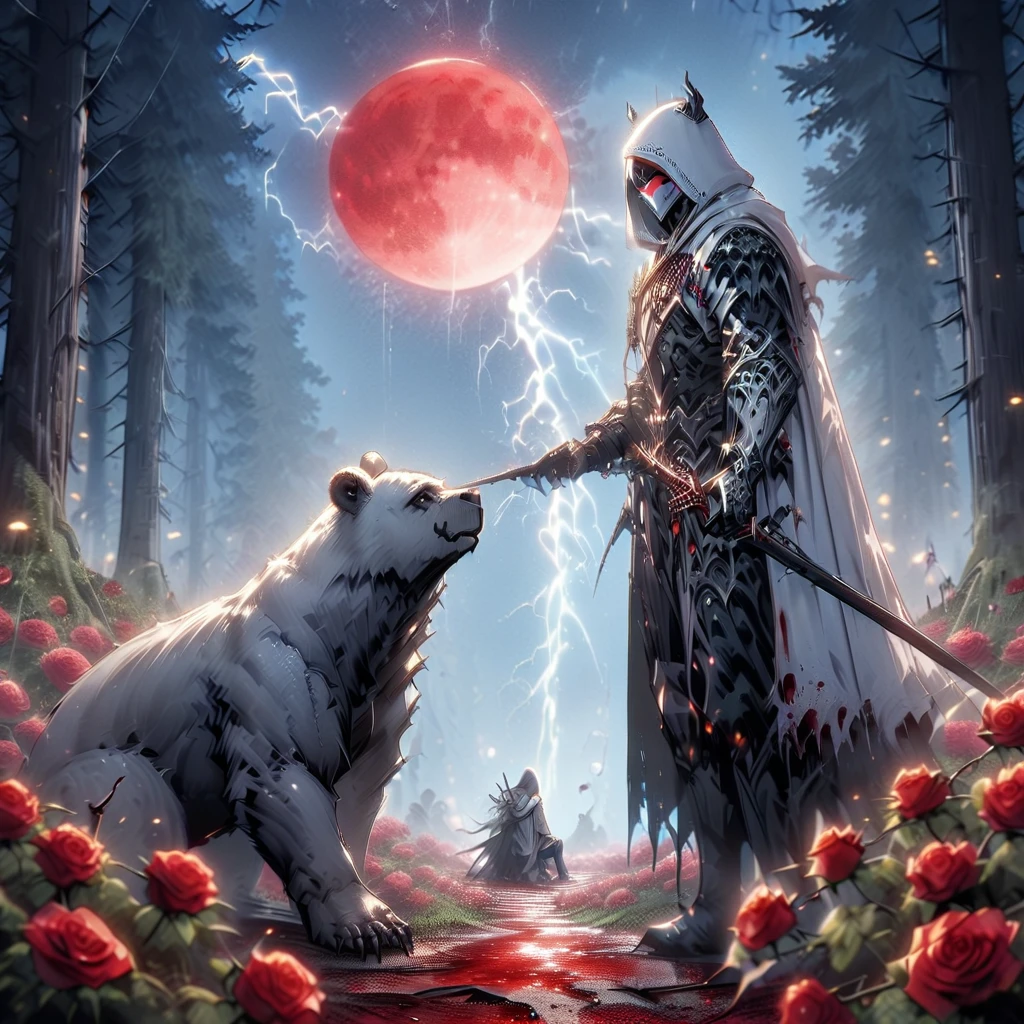 Dynamic picture where a man with a white hood with bear ears and a katana sits riding a big polar bear in a forest while the blood moon shines, many Roses cover the ground and lightning falls from the sky. The man wears a red blindfold.