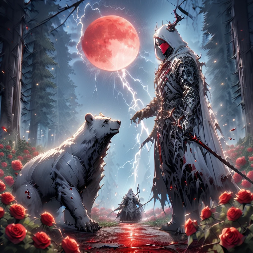 Dynamic picture where a man with a white hood with bear ears and a katana sits riding a big polar bear in a forest while the blood moon shines, many Roses cover the ground and lightning falls from the sky. The man wears a red blindfold.