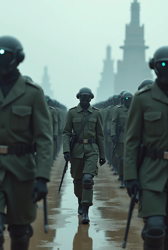 I would like you to make an image that shows the use of standardized uniforms and synchronized marches that promote uniformity and discipline within the army.. Although, make soldiers look like robots