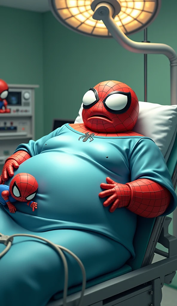 This image humorously depicts a scene in an operating room in which a fat Spiderman is undergoing surgery. The patient, the fat Spiderman, who is quite chubby and spaced out on the operating table, has a worried look, and his big, sad eyes are overflowing with tears. Next to him on a tray is a smaller, similar-looking Spiderman, as if he has been separated from the larger Spiderman. The scene is whimsical and surreal, based on SP's idea of ​​his own little world, in which the image is born a mixture of love and betuki.