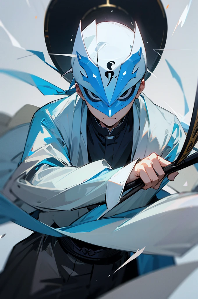 Wearing a mask that covers the whole face、Holding an iron fan in both hands、Dancing with ice、A priest boy about