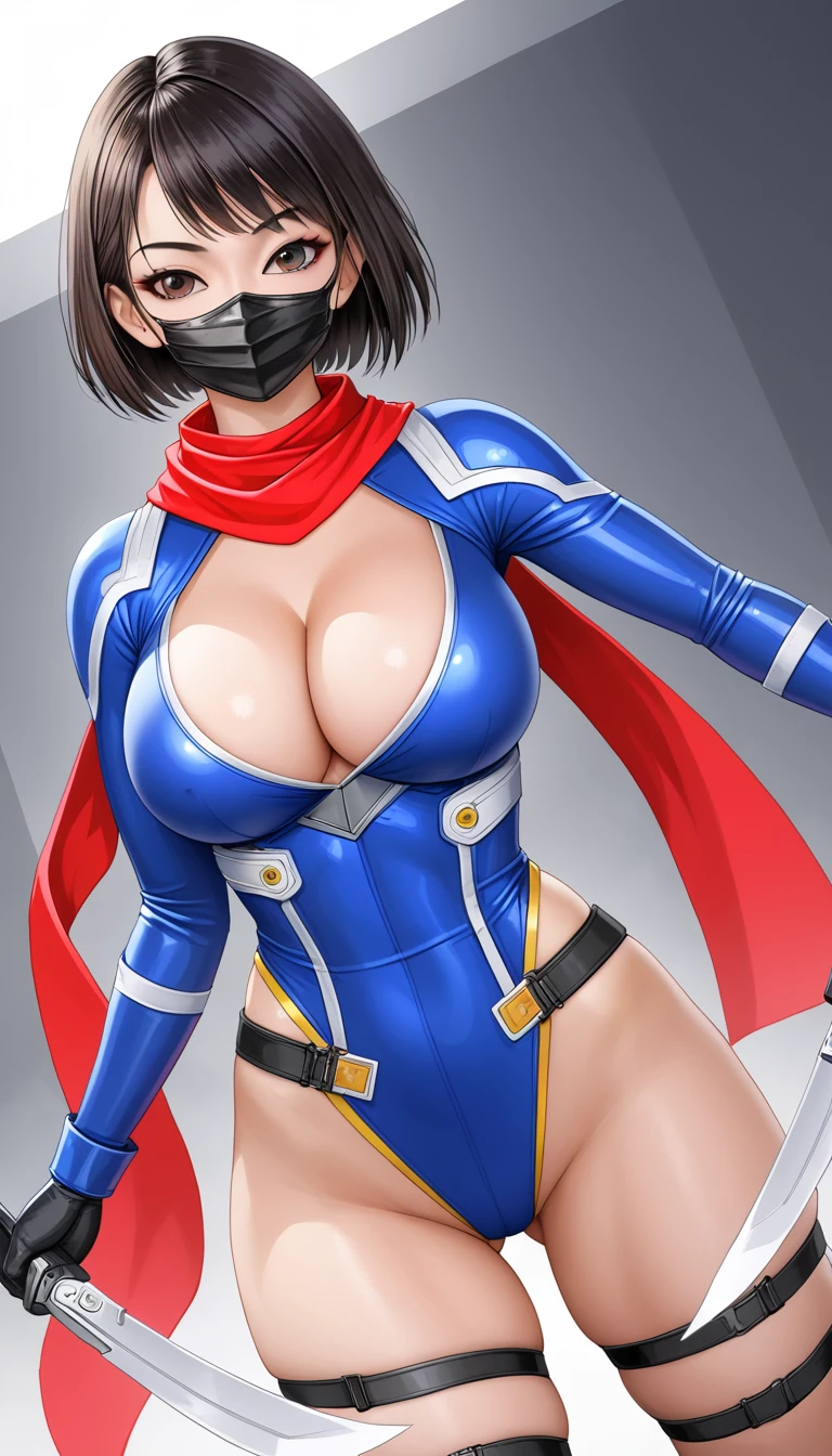anime, asian, short hair, superhero, assasin, dual blades, facemask, large tits, cleavage, thigh thighs, red scarf