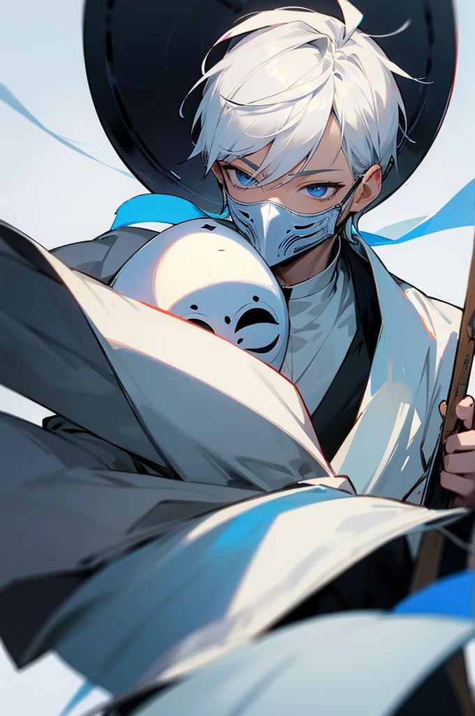 Wearing a mask that covers the whole face、Holding an iron fan in both hands、Dancing with ice、A priest boy about