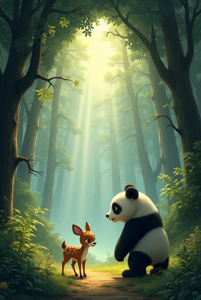 In a forest there are cute animals, a small deer and a big panda were looking into a big cave and they approached it.