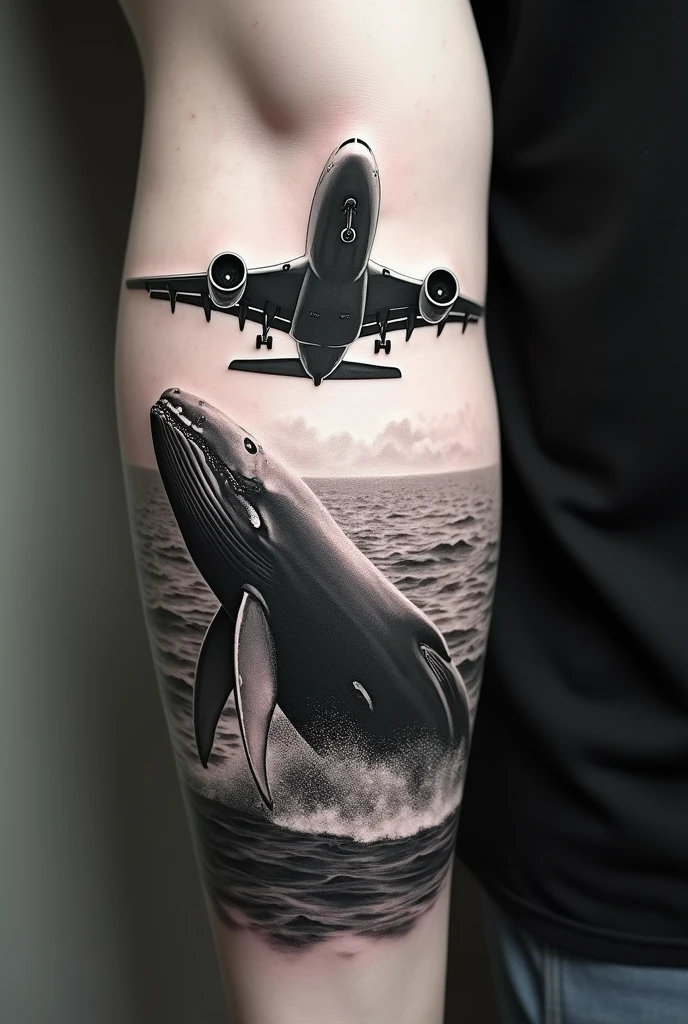 Create a realistic black and white arm tattoo of a HUMPBACK whale swimming and looking at a twin-engine Airbus A380 flying over the sea.