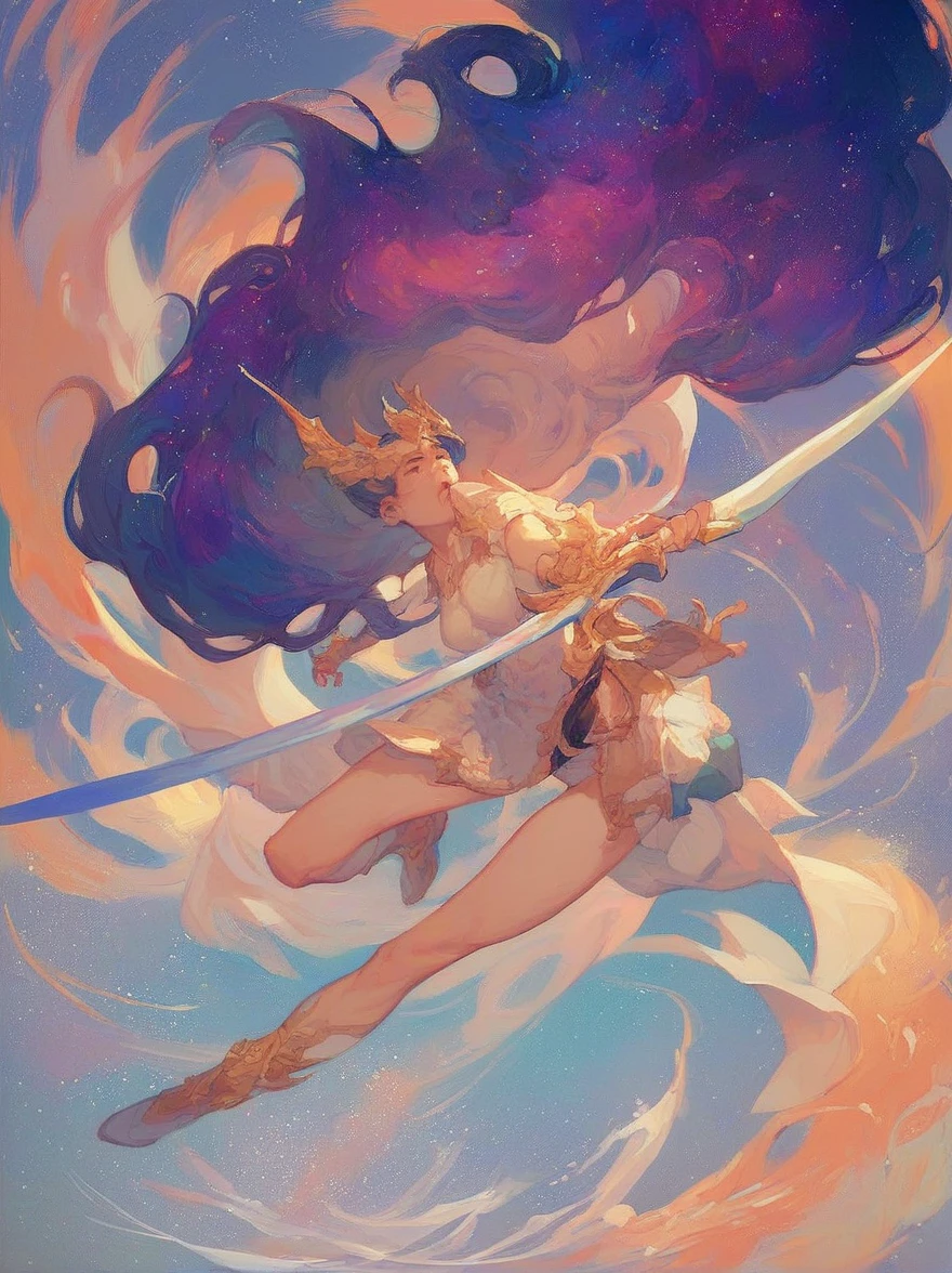 beautiful place, having sword fight, galaxy background 