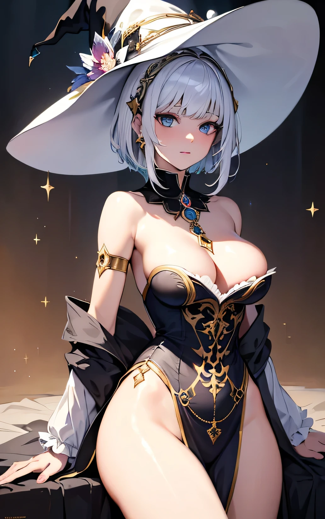(masterpiece), (Artwork), (great work), (Detailed eyes), (Delicate skin), (heterochromatic eyes), (Multicolor), (Short white hair with bangs), (Sparkling eyes), (One girl) Wearing a witch hat, Ancient, old, Dressed in gorgeous medieval costume, masterpiece, Highest quality, Best Designer, Best illustrations