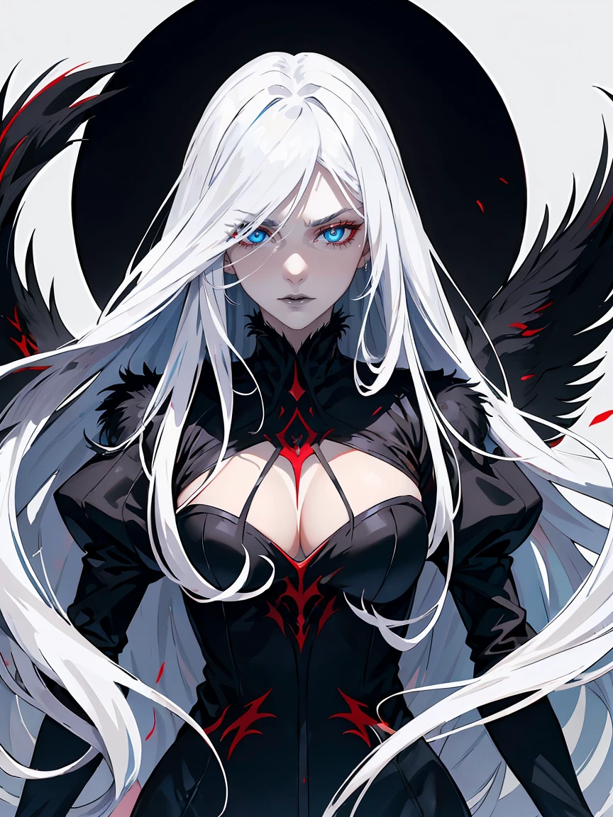 Long white hair, blue eyes, evil, sexy, black and red clothes, evil face, evil, serious look, gloss lips, sinister, front look, bloody, gloves, close up, portrait, beautiful eyes, big white, dark place, night, sensual, straight hair cut, clear skin, evil, young 30 years girl, adult girl, solo, red, very long hair, ankle length hair, handsome older WOMAN,azure-eyes,crimson pupils,Long white hair,Hyperresolution,accuracy,Detailed rendering,(Image of fine hair)(topquality)(Masterpieces of masters)(High degree of completeness)(A sense of atmosphere)tmasterpiece,Super detailed and super detailed(((full-body)))(((white and black fur fight outfit))) (((Soft expression)))