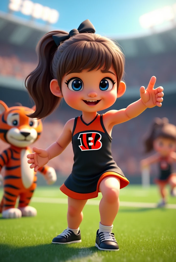 
Bengals cheerleader  
Chunky
Brown hair, medium length in ponytail, bangs, 
blue eyes 
football field
Black & orange  one piece outfit  with Bengals logo  black shoes no socks
 hair bow 
With tiger mascot
Smiling 
