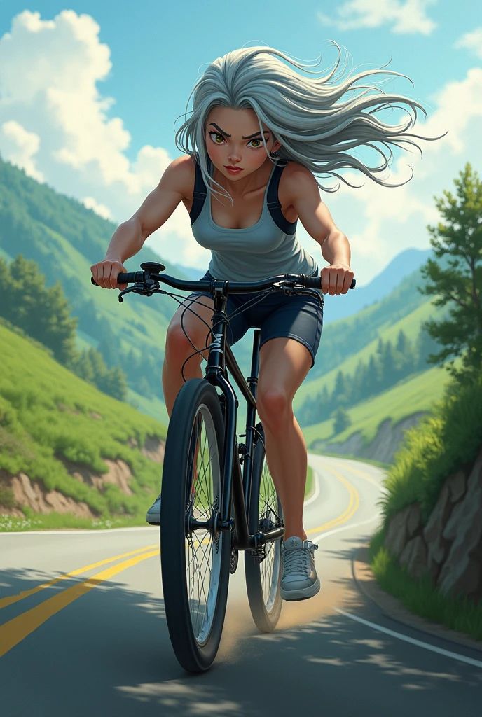 Image of girl with grey hair avoiding falling off her bike