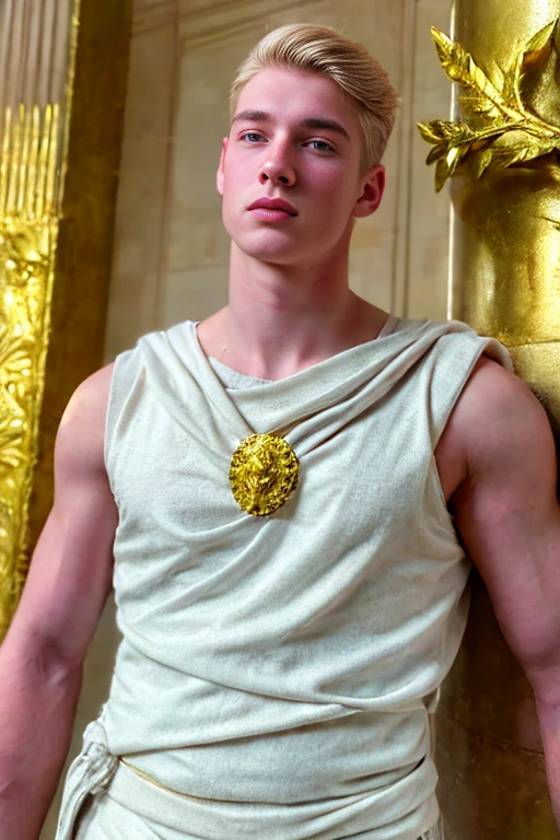 Portrait of a handsome young man, Roman emperor, blond hair, wearing Roman emperor clothes, handsome boy, magnanimous, power, ruler, symmetry, boy in the center, focus on the boy, classical era, ancient Rome, luxury, the most handsome boy, symmetry, male beauty, laurel wreath, golden laurel wreath, Caesar