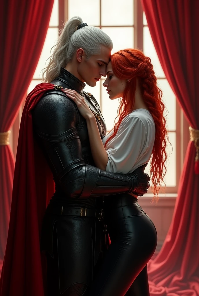 Create a prince of hell, May he be tall and handsome, that he has dark armor with a red cape, that she has long white hair tied in a high ponytail with some loose locks, that he is passionately kissing a beautiful redhead woman, She has her hair tied back in a single braid, that she is dressed in a white shirt and leather pants, Put them both behind a red curtain as if they were hiding against a large window.