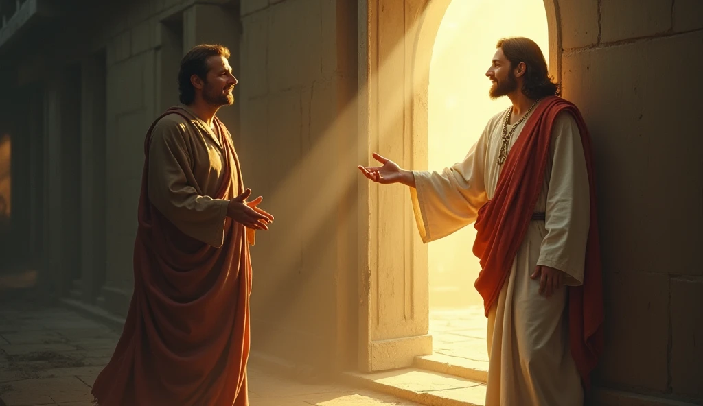 Jesus Christ extending His hand to an unemployed person, with a beam of celestial light illuminating a door of opportunities.
