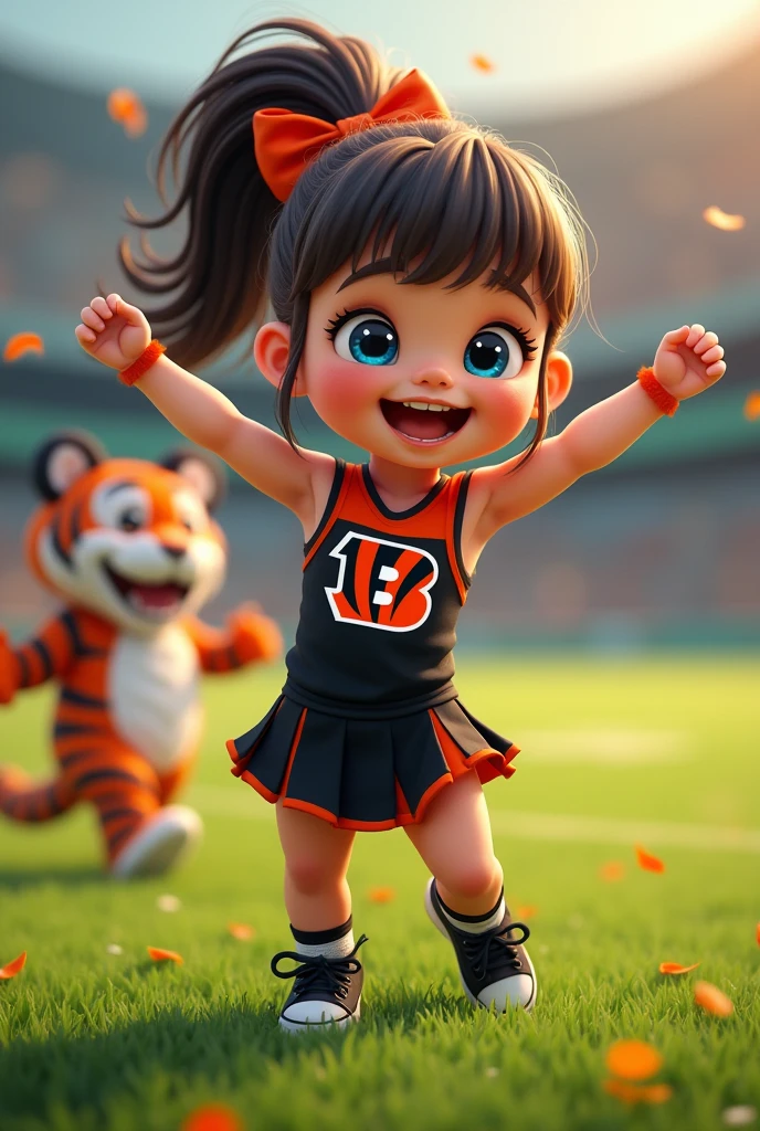Bengals cheerleader child
Chunky
Brown hair, medium length in ponytail, bangs,
blue eyes
football field
Black & orange one piece outfit with Bengals logo black shoes no socks
hair bow
With tiger
Smiling