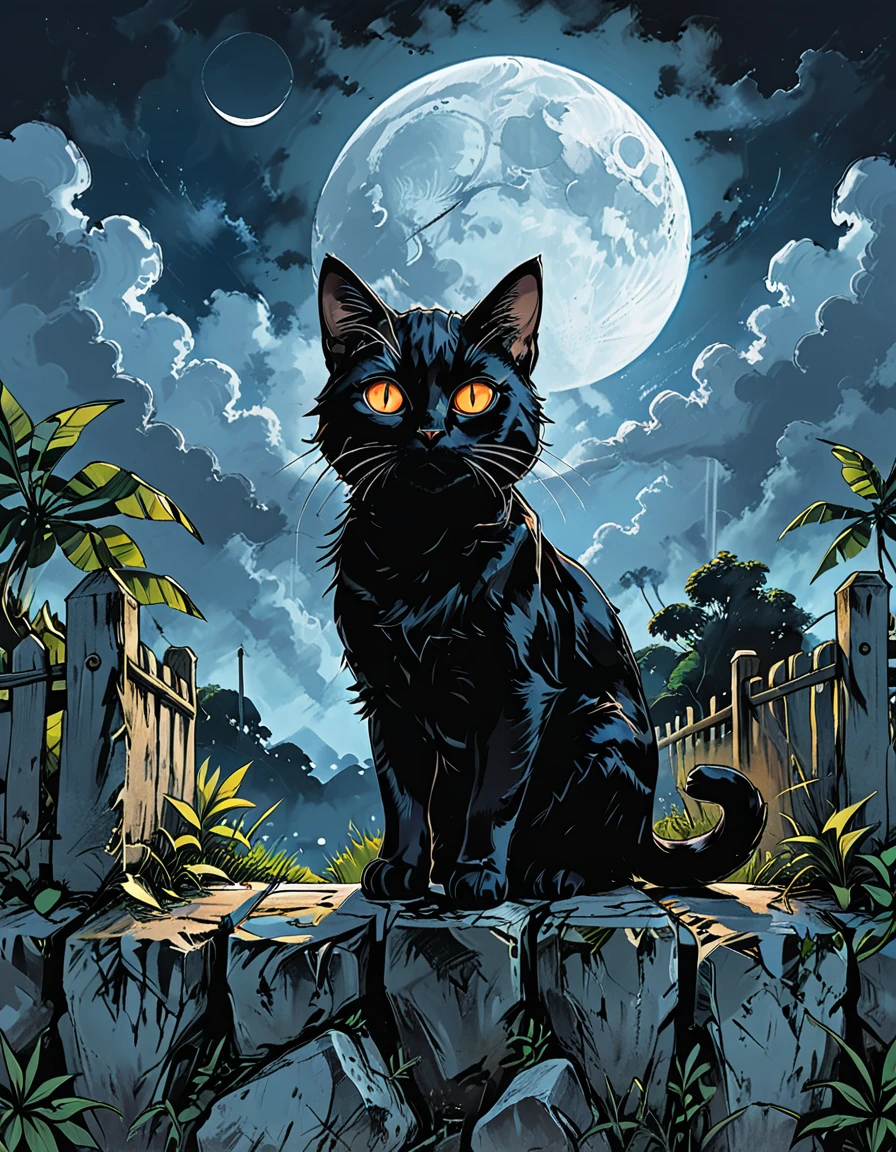 
night, black cat, moon, glowing eyes, cat walking along a stone fence, bottom view, tropics, clouds, graphic style of novel comics,  2d, 8k, hyperrealism, masterpiece, high resolution, best quality, ultra-detailed, super realistic, Hyperrealistic art, high-quality, ultra high res, highest detailed, lot of details, Extremely high-resolution details, incredibly lifelike, colourful, soft cinematic light,
