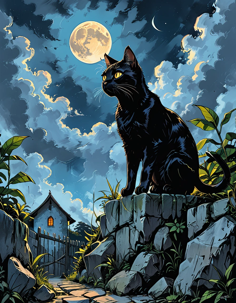 
night, black cat, moon, glowing eyes, cat walking along a stone fence, bottom view, tropics, clouds, graphic style of novel comics,  2d, 8k, hyperrealism, masterpiece, high resolution, best quality, ultra-detailed, super realistic, Hyperrealistic art, high-quality, ultra high res, highest detailed, lot of details, Extremely high-resolution details, incredibly lifelike, colourful, soft cinematic light,