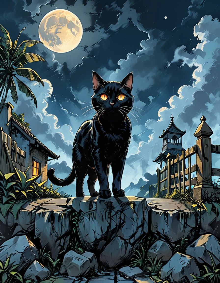 night, black cat, moon, glowing eyes, cat walking along a stone fence, bottom view, tropics, clouds, graphic style of novel comics, 2d, 8k, hyperrealism, masterpiece, high resolution, best quality, ultra-detailed, super realistic, Hyperrealistic art, high-quality, ultra high res, highest detailed, lot of details, Extremely high-resolution details, incredibly lifelike, colourful, soft cinematic light,