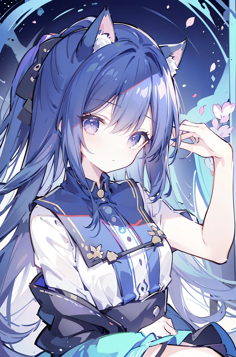 (Upper body close-up)，Ultra-detailed，lifelike，The eyes are expressive，Fair skin，Perfect face shape，1 girl，Japanese Manga，Gorgeous blue hair，Flowing blue hair，Flowing clothes，Cat ears，Petals falling，Shy face，sitting on window，Place your hand on your lips,masterpiece, absurdres, novel cover, cover illustration, 1girl, solo, dark blue-haired ponytail, mage robes, flower background, clock background, monochrome, line drawing
